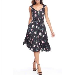 Gal Meets Glam Black Floral Midi Dress with Pink Blossoms